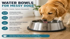 water bowls for messy dogs made from durable stainless steel with a wide anti-tip base for everyday use