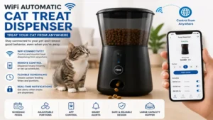 WiFi automatic cat treat dispenser allowing remote treat dispensing from a smartphone