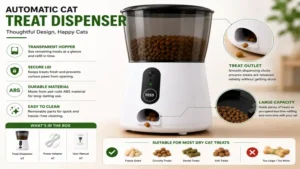Close-up of an automatic cat treat dispenser showing the treat outlet and storage compartment