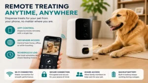 Automatic remote treat dispenser allowing app-controlled feeding with a remote treat dispenser