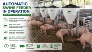 automatic swine feeder operating with pigs feeding from multiple stations.