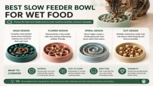 Comparison of different slow feeder cat bowl wet food designs suitable for daily feeding.