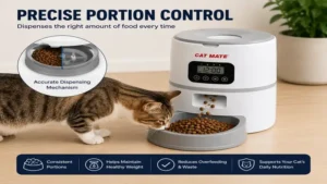 Cat mate automatic feeder dispensing precise food portions for healthy daily feeding.