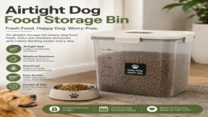 dog bowl and food storage airtight bin designed to preserve kibble freshness and protect against moisture.