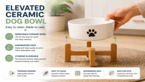 Elevated ceramic dog bowl featuring a removable ceramic bowl for easy cleaning.
