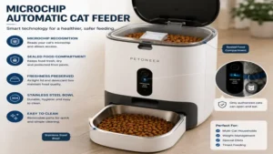 Microchip automatic cat feeder with a sealed food compartment to keep dry food fresh and protected