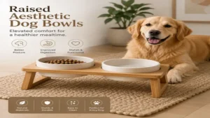 Raised aesthetic dog bowls with wooden stand for comfortable feeding