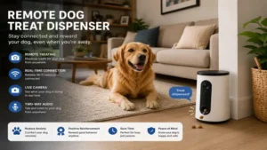 Remote dog treat dispenser placed in a living room while a dog waits for treats.