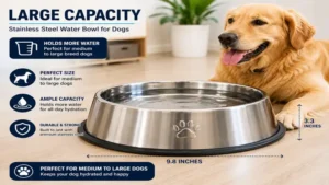 Large-capacity stainless steel water bowl for dogs suitable for medium and large breeds with all-day hydration.