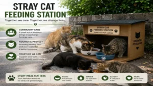 Community cats gathered around a stray cat feeding station during a scheduled feeding time