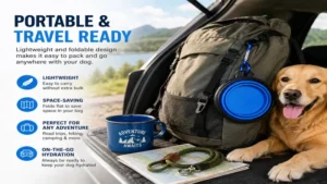 Dog foldable water bowl packed for travel, road trips, and outdoor adventures.