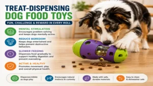 Treat-dispensing dog food toys that promote slower feeding and active play