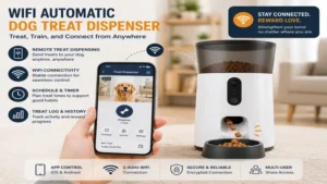 WiFi automatic dog treat dispenser allowing remote treat dispensing from a smartphone