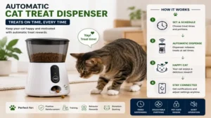 Automatic cat treat dispenser releasing treats while a cat waits for a reward