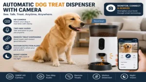 automatic dog treat dispenser with built-in camera for monitoring and rewarding pets