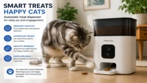 Cat interacting with an automatic treat dispenser at home