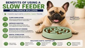 Benefits of slow feeder for French Bulldog including slower eating, improved digestion, reduced choking risk, and mental stimulation.