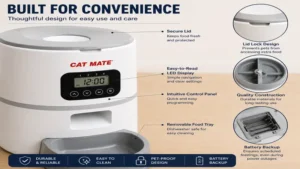 Close-up design details of a cat mate automatic feeder including the lid, display, and removable tray.
