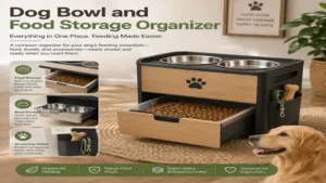 dog bowl and food storage organizer with dedicated space for bowls, food, scoop, and pet accessories.