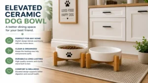 Elevated ceramic dog bowl placed neatly in a clean kitchen feeding area.