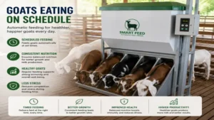 Goats eating from an automatic goat feeder during scheduled feeding time