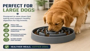 Large dog eating from maze bowl for dogs to prevent fast eating and support healthy digestion.