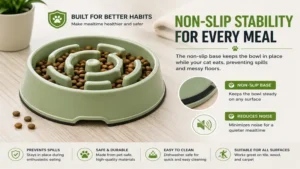 feed bowls to slow cat eating filled with dry kibble to promote slower, healthier feeding