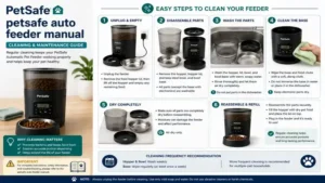 petsafe auto feeder manual illustrating proper cleaning and routine maintenance steps.