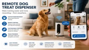 Remote dog treat dispenser used during positive reinforcement training for dogs.