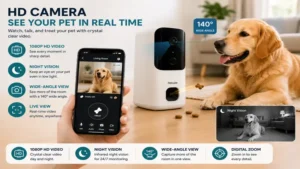 Remote treat dispenser with HD camera providing live monitoring through a remote treat dispenser