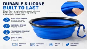 Durable silicone dog foldable water bowl with a flexible collapsible structure.