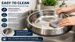 Easy-to-clean stainless steel water bowl for dogs with a smooth hygienic surface that resists stains and odors.