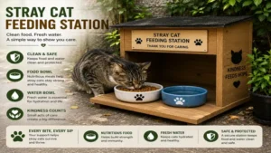 stray cat feeding station featuring clean food and water bowls for outdoor cat care