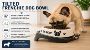 Tilted frenchie dog bowl designed to reduce neck strain during mealtime