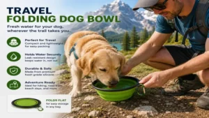 Travel folding dog bowl providing fresh food and water for a dog during outdoor adventures