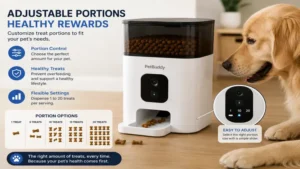 Adjustable portion settings on an automatic treat dispenser for healthy pet treats