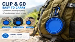 Dog foldable water bowl with a carabiner clip attached to a backpack for convenient carrying.