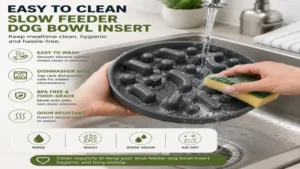 Cleaning a slow feeder dog bowl insert with warm soapy water after daily use.