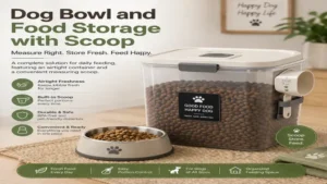 dog bowl and food storage with scoop provides accurate portion control and keeps dog food fresh every day.
