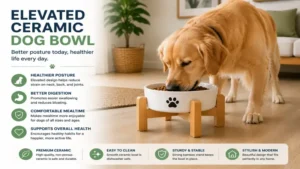 Elevated ceramic dog bowl helping promote a healthier eating posture for dogs.