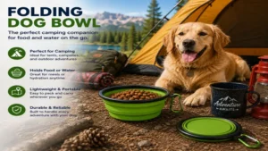 folding dog bowl placed beside camping gear for convenient outdoor pet feeding