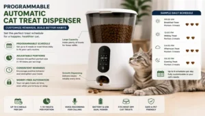 Programmable automatic cat treat dispenser with customizable feeding and reward schedules