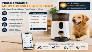 Programmable automatic dog treat dispenser providing scheduled rewards throughout the day