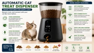 Automatic cat treat dispenser featuring timed dispensing, voice recording, and large treat capacity