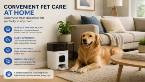 Modern automatic treat dispenser placed in a clean living room for convenient pet care
