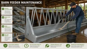 Barn feeder being cleaned and maintained to improve feed hygiene and efficiency.