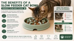 Infographic highlighting the health benefits of slow feeder cat bowl wet food for cats.