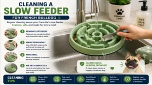 Cleaning a slow feeder for French Bulldog by washing the maze grooves thoroughly to keep the bowl hygienic and ready for every meal.