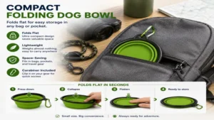 Compact folding dog bowl folded flat for space-saving storage in a backpack