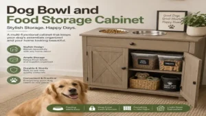 dog bowl and food storage cabinet combines stylish furniture with hidden pet food and bowl organization.